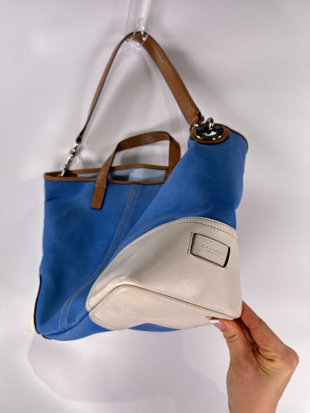 Coach Hadley Duffle Tote F28286 Twill Leather Brilliant Blue Large - Picture 14 of 16